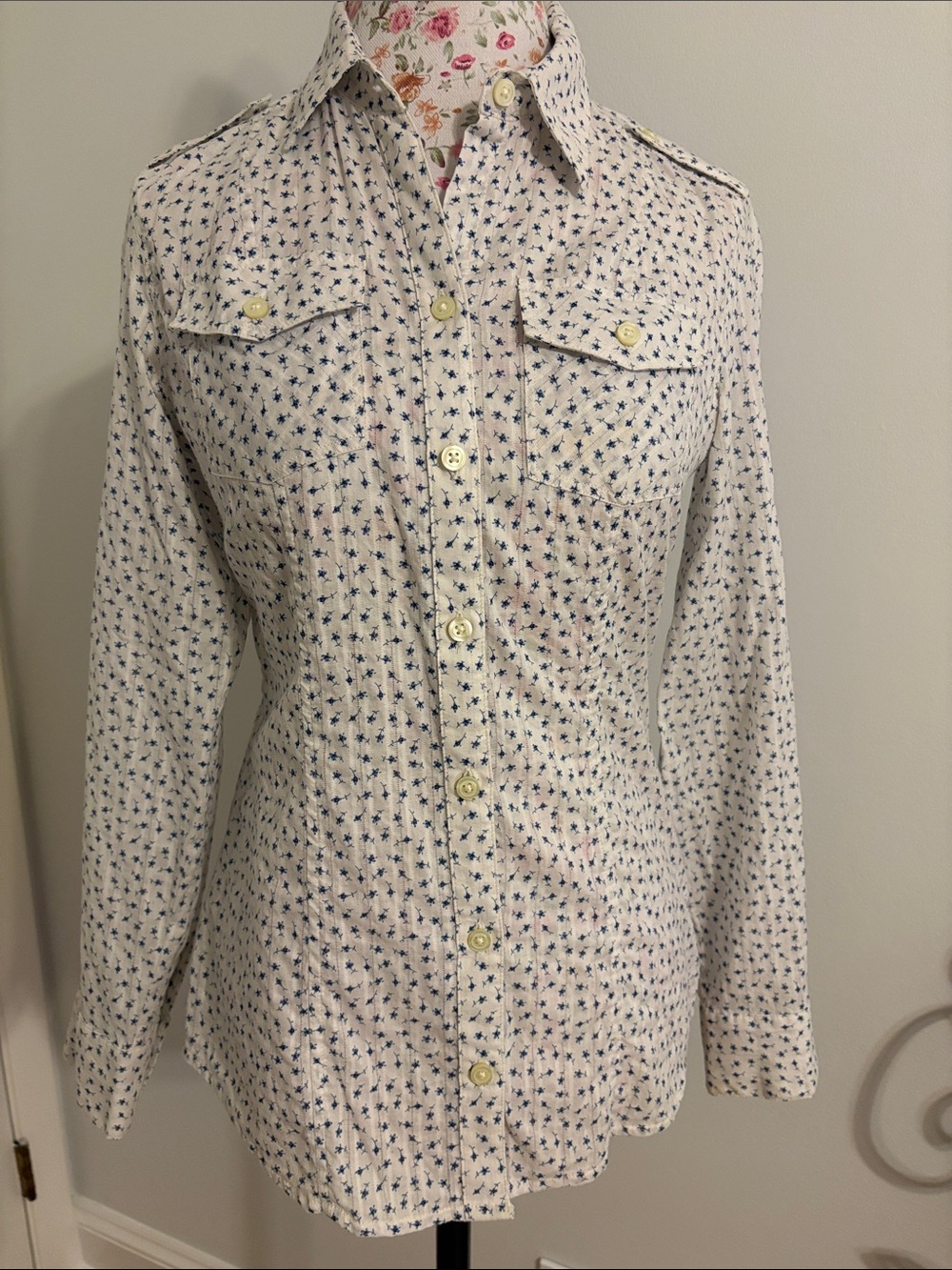 Banana Republic White Button-Up Shirt with Navy Flower Print